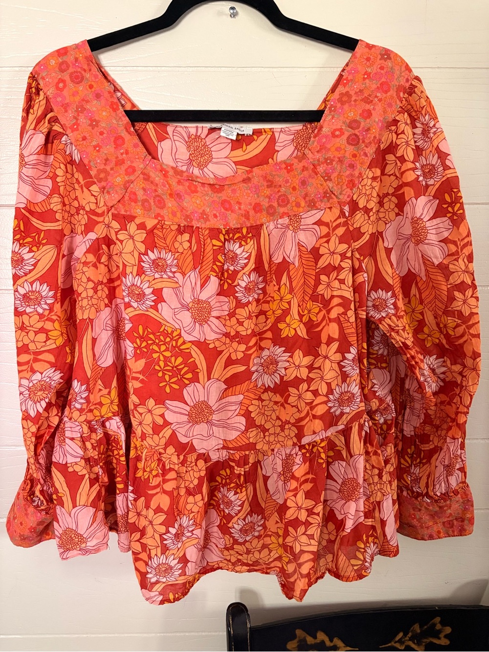 American Eagle Floral Peasant Blouse - Orange & Pink Summer Flowy Boho M Women